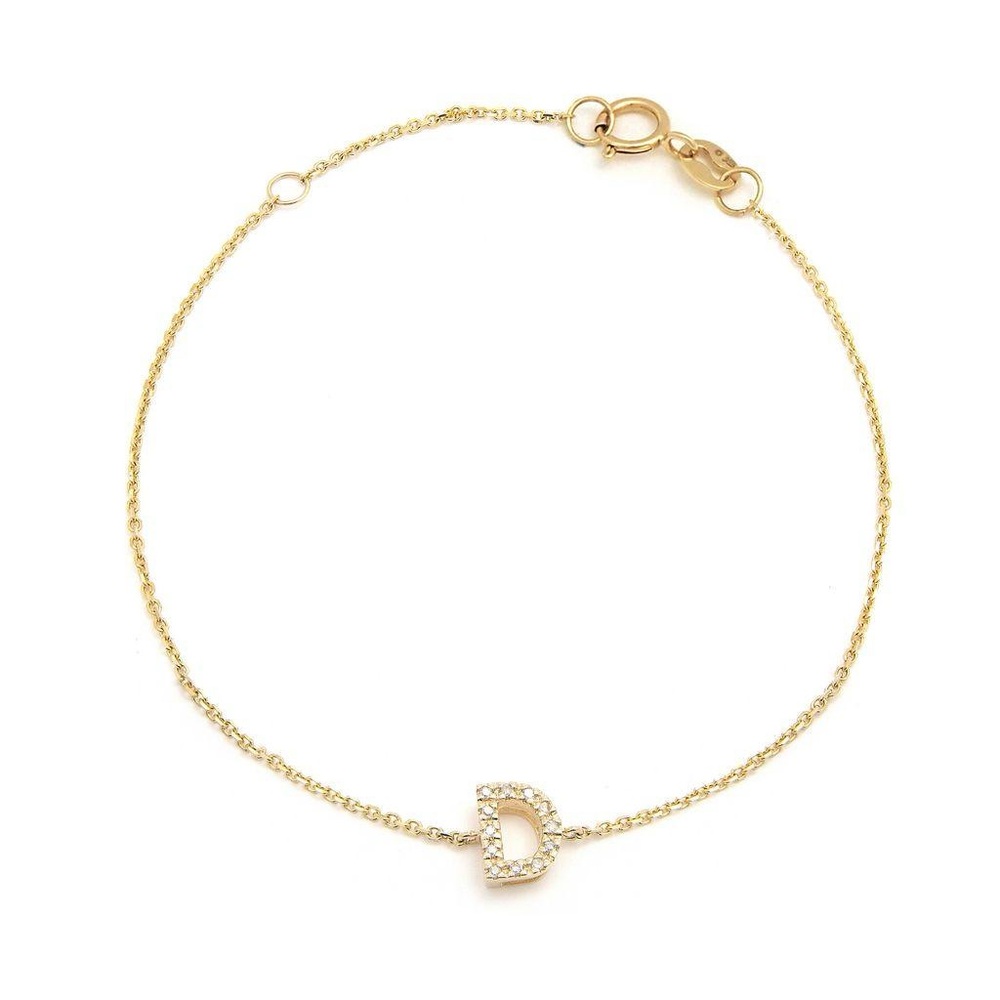 14K Real Yellow Gold  Initial ”D” Single Prong Diamond Bracelet 7+1″
